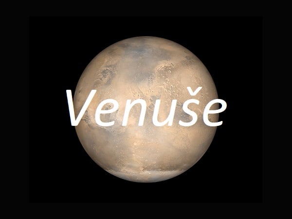 Jméno Venuše na pozadí fotografie planety Venuše.