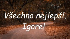 Nápis "Všechno nejlepší, Igore!" na pozadí lesní cesty, lemované spadaným listím.