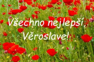 Nápis "Všechno nejlepší, Věroslave!" na pozadí louky s rozkvetlými máky.