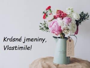 Přání krásných jmenin Vlastimilovi na pozadí kytice v mátovém džbánku.