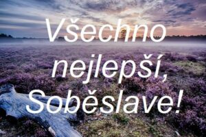 Nápis "Všechno nejlepší k svátku, Soběslave!" na pozadí fialové louky s vřesem při západu slunce.